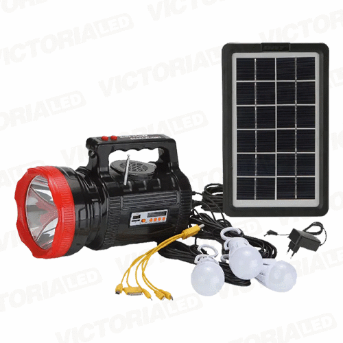 KIT SOLAR PORTATIL LINTERNA/3FOCOS3W/USB/RADIO/MP3